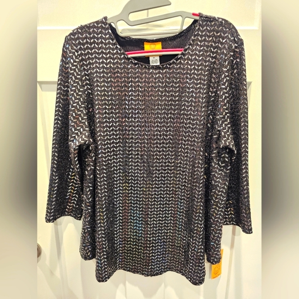 NWT Ruby Rd. Petite Large Black Silver Metallic Knit Party Top Long Sleeve Bonne